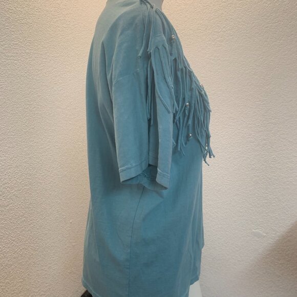 Ever Blue cotton fringe top with beads size L teal great condition - Picture 4 of 11